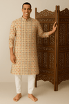 Beige Geometric Digital Print Silk Blend Kurta – Modern Ethnic Wear for Men - Vedkart