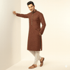 Men's Jacquard Silk Kurta with Zari Embroidery, luppi Work - Brown - Vedkart
