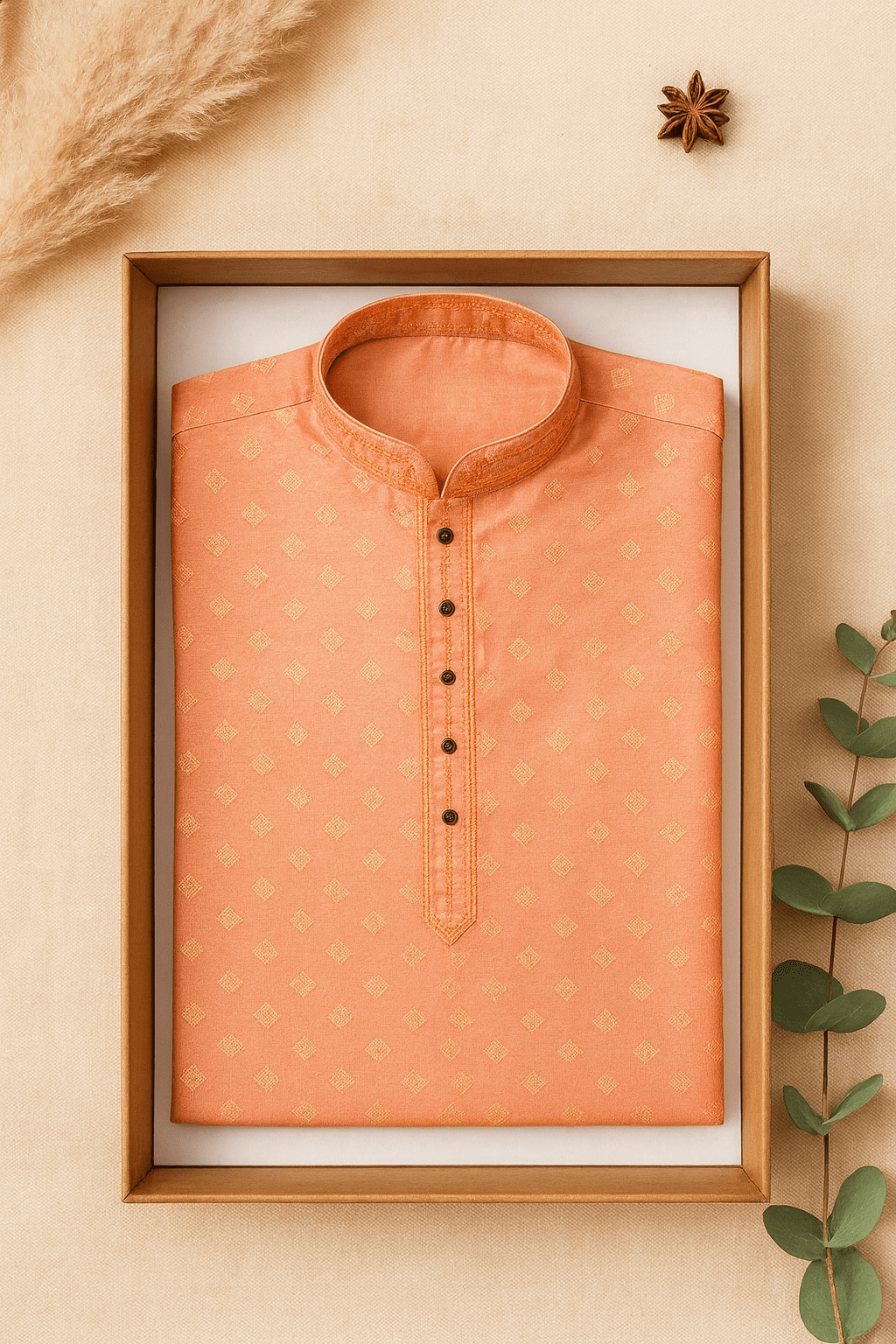 Men's Jacquard Silk Kurta with Zari Embroidery, luppi Work - Orange - Vedkart