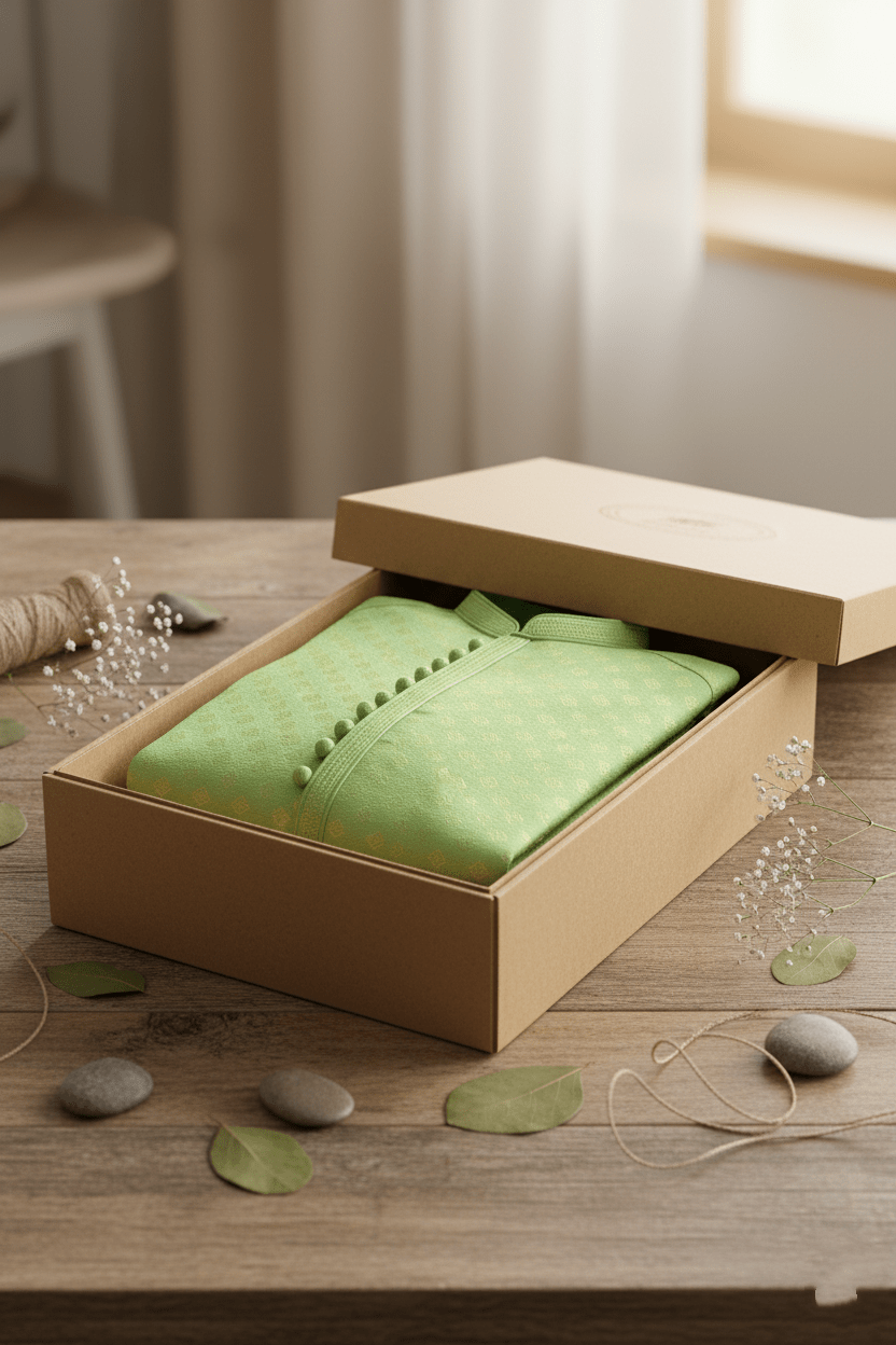 Men's Jacquard Silk Kurta with Zari Embroidery, luppi Work - Parrot - Vedkart