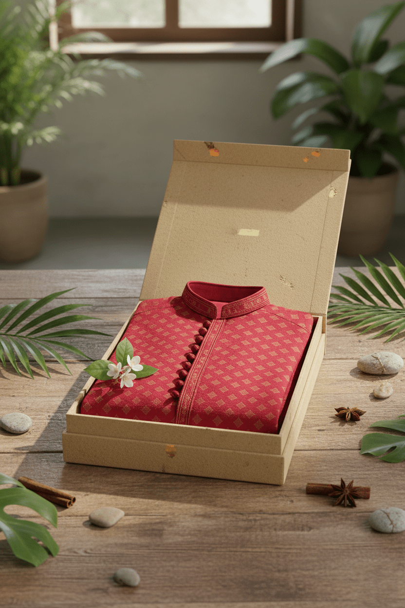 Men's Jacquard Silk Kurta with Zari Embroidery, luppi Work - Pink - Vedkart