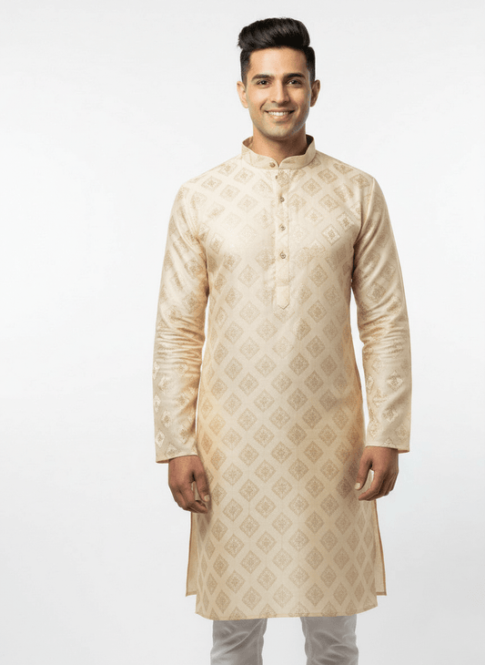 Men's Jacquard Silk Kurta with Zari Embroidery, luppi work Work - Pestle Gold, gold - Vedkart