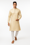 Men's Jacquard Silk Kurta with Zari Embroidery, luppi work Work - Pestle Gold, gold - Vedkart