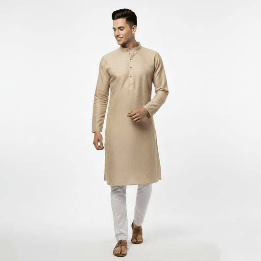 Men's Premium Jaquard Kurta with Jari Embroidery - Wedding & Festival Wear | Round Collar Full Sleeve Kurta Set - Cream kurta, Light cream kurta, Pale gold kurta - Vedkart