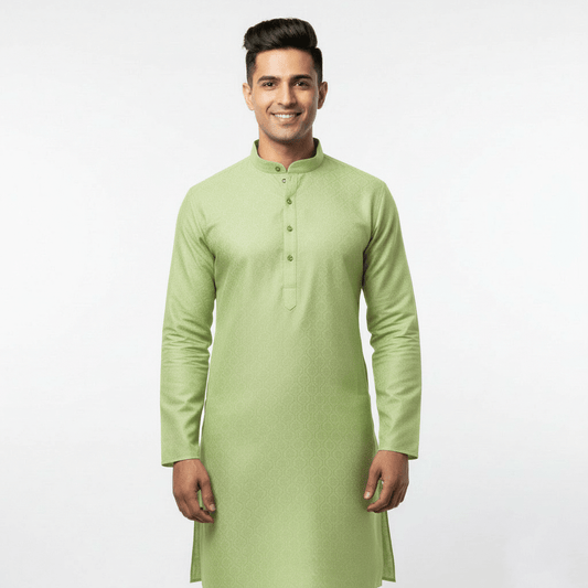 Men's Premium Jaquard Kurta with Jari Embroidery - Wedding & Festival Wear | Round Collar Full Sleeve Kurta Set - Cream kurta, Light cream kurta, Soft green, green - Vedkart