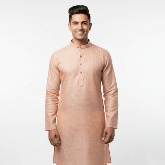 Men's Premium Jaquard Kurta with Jari Embroidery - Wedding & Festival Wear | Stand Collar Full Sleeve Kurta Set - Orange - Vedkart