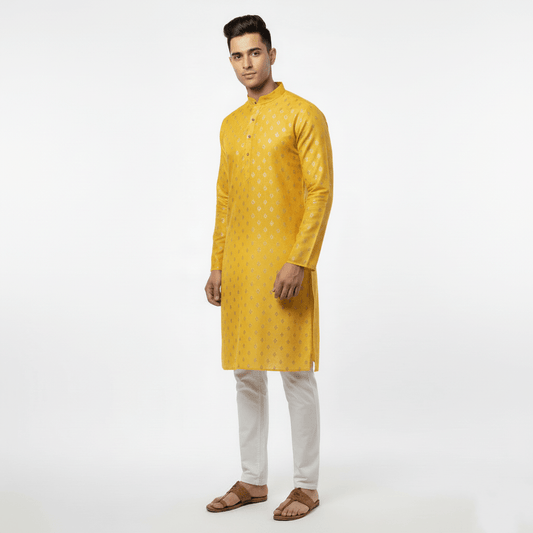 Men's Yellow Jacquard Silk Kurta with Zari Embroidery, luppi Work - Golden yellow - Vedkart