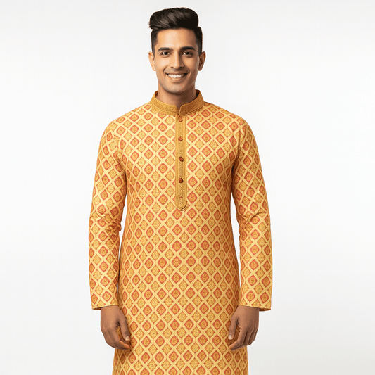 Peach & Mustard Geometric Digital Print Silk Blend Kurta – Festive Ethnic Wear for Men - Vedkart