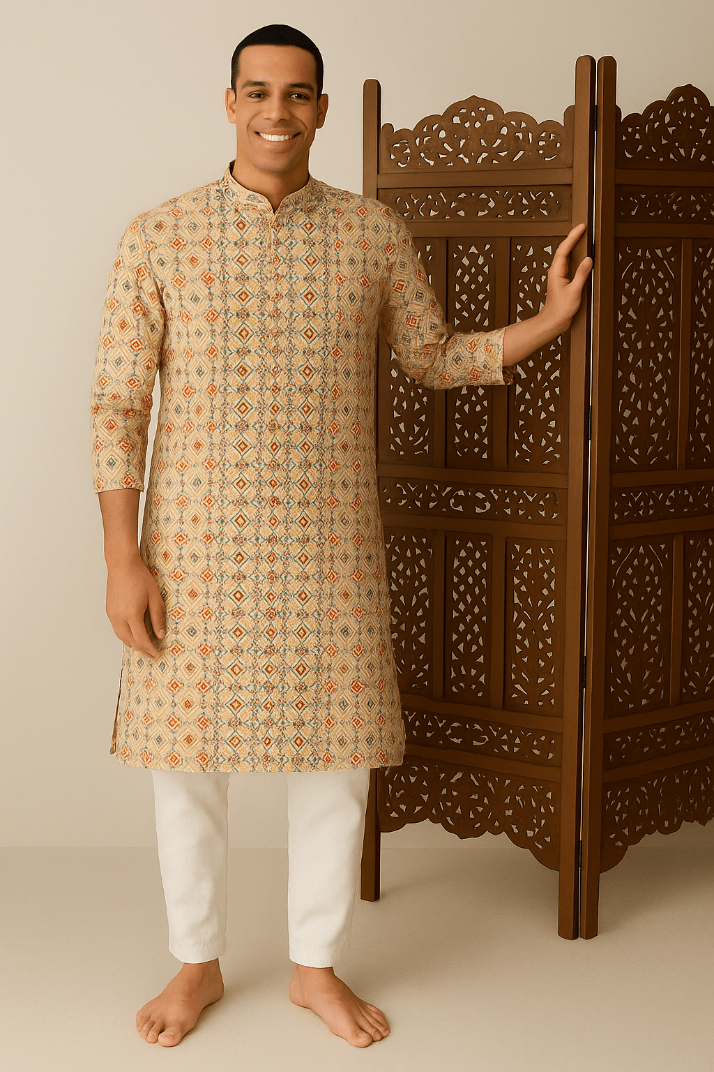Beige Geometric Digital Print Silk Blend Kurta – Modern Ethnic Wear for Men - Vedkart