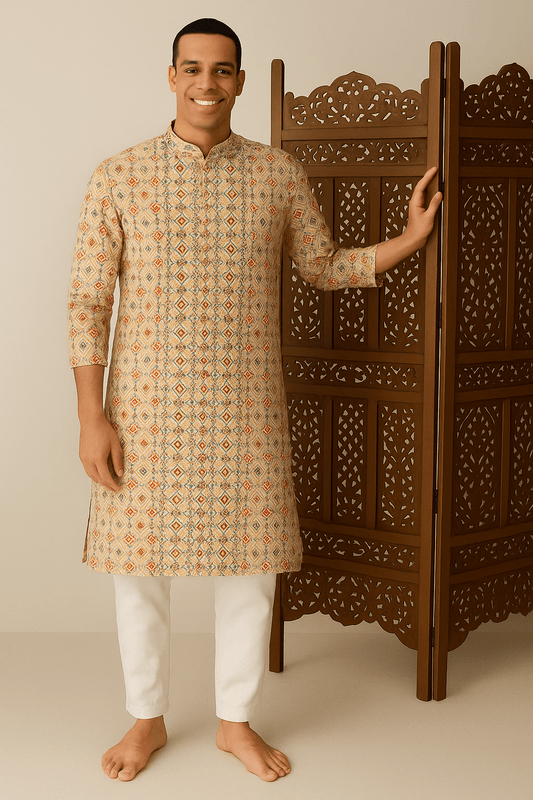 Beige Geometric Digital Print Silk Blend Kurta – Modern Ethnic Wear for Men - Vedkart