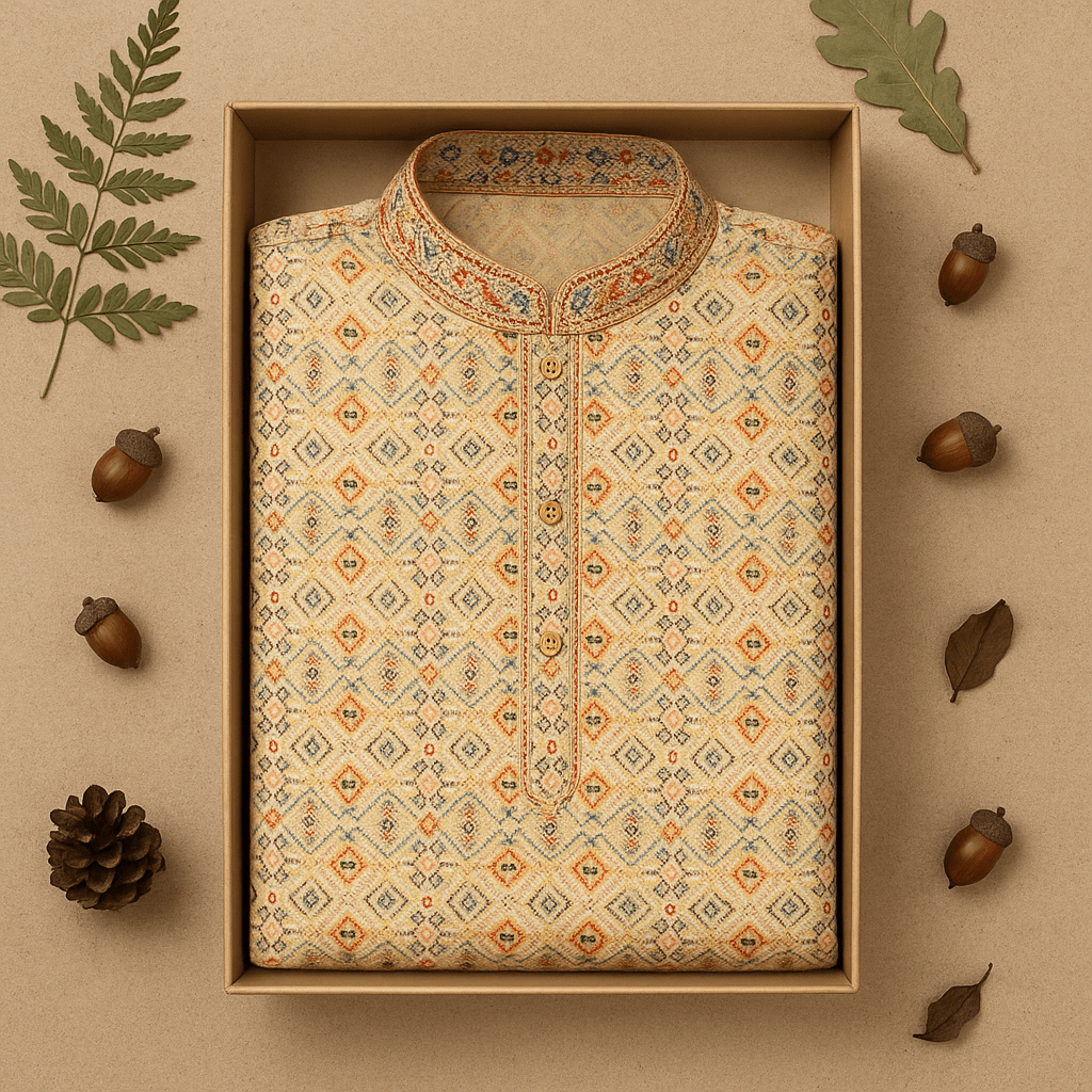 Beige Geometric Digital Print Silk Blend Kurta – Modern Ethnic Wear for Men - Vedkart