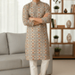 Beige Geometric Digital Print Silk Blend Kurta – Modern Ethnic Wear for Men - Vedkart