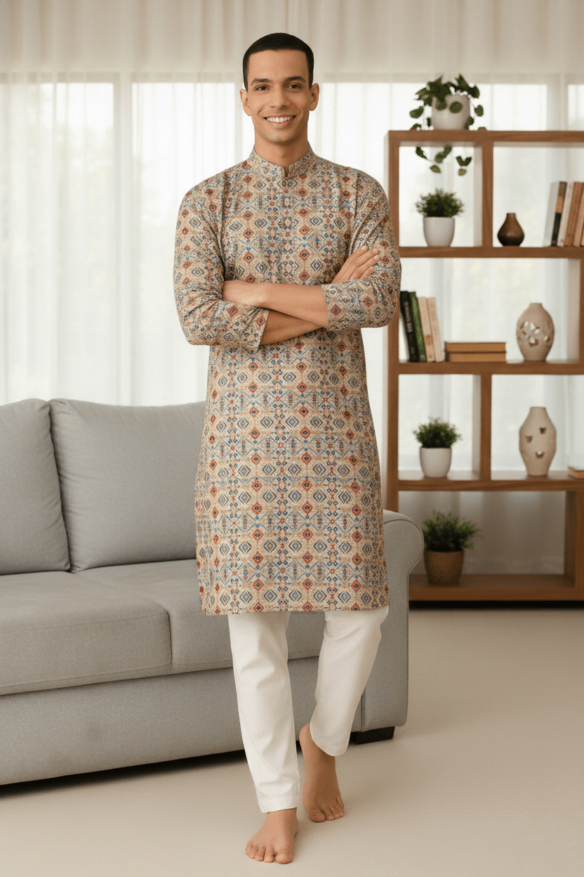 Beige Geometric Digital Print Silk Blend Kurta – Modern Ethnic Wear for Men - Vedkart