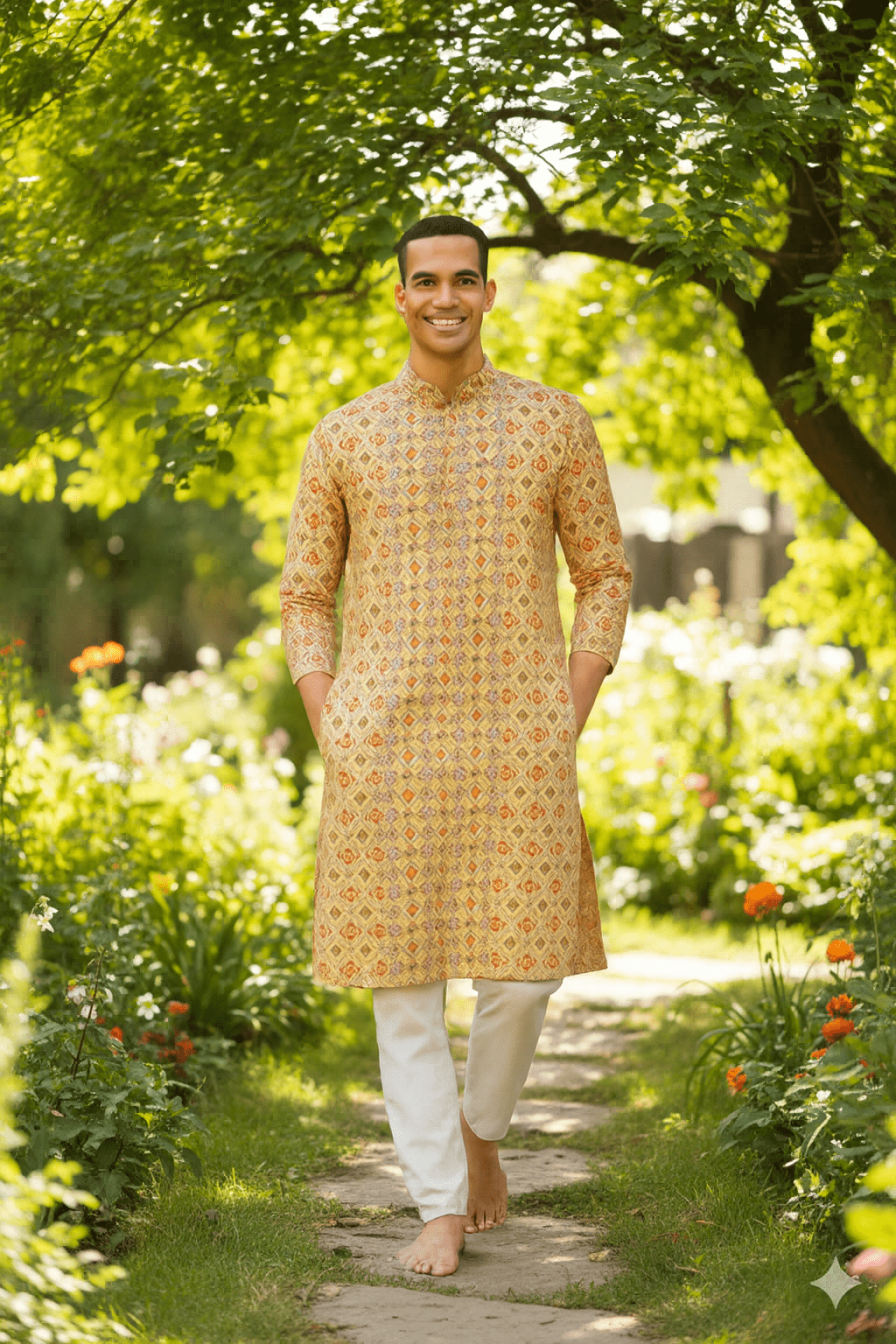 Beige Geometric Digital Print Silk Blend Kurta – Modern Ethnic Wear for Men - Vedkart