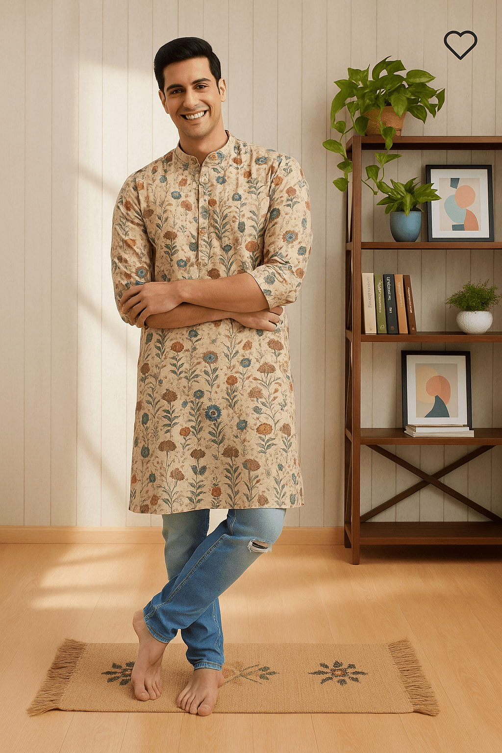 Floral Digital Print Silk Blend Kurta with Sequins Work – Elegant Festive Wear for Men - Vedkart
