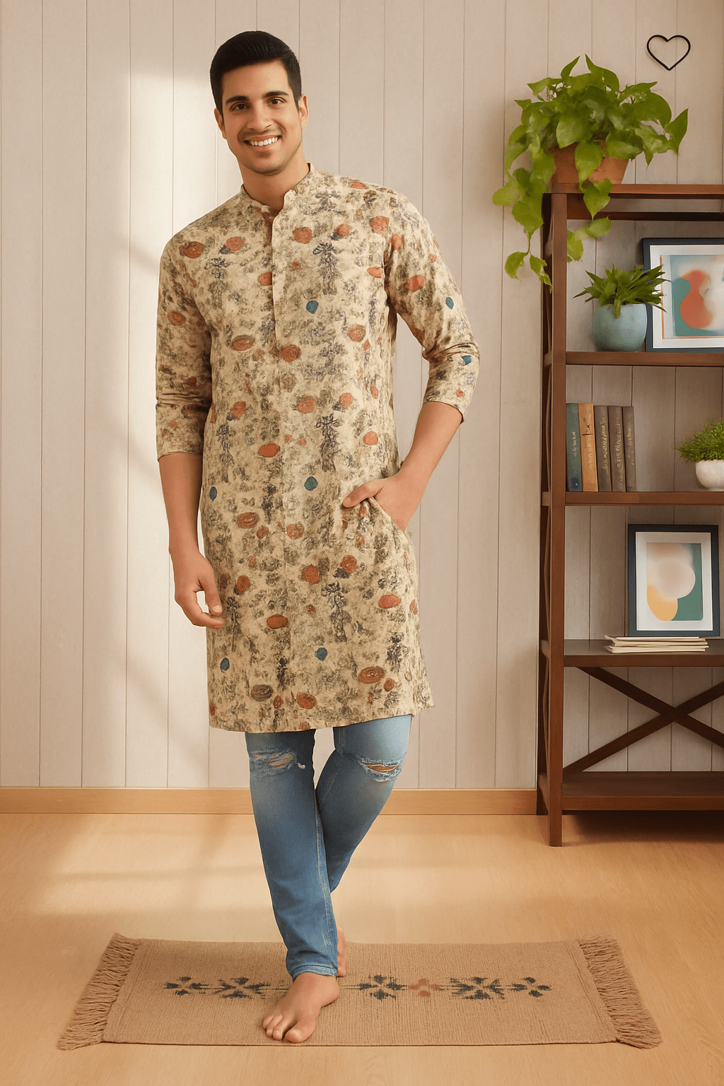 Floral Digital Print Silk Blend Kurta with Sequins Work – Elegant Festive Wear for Men - Vedkart