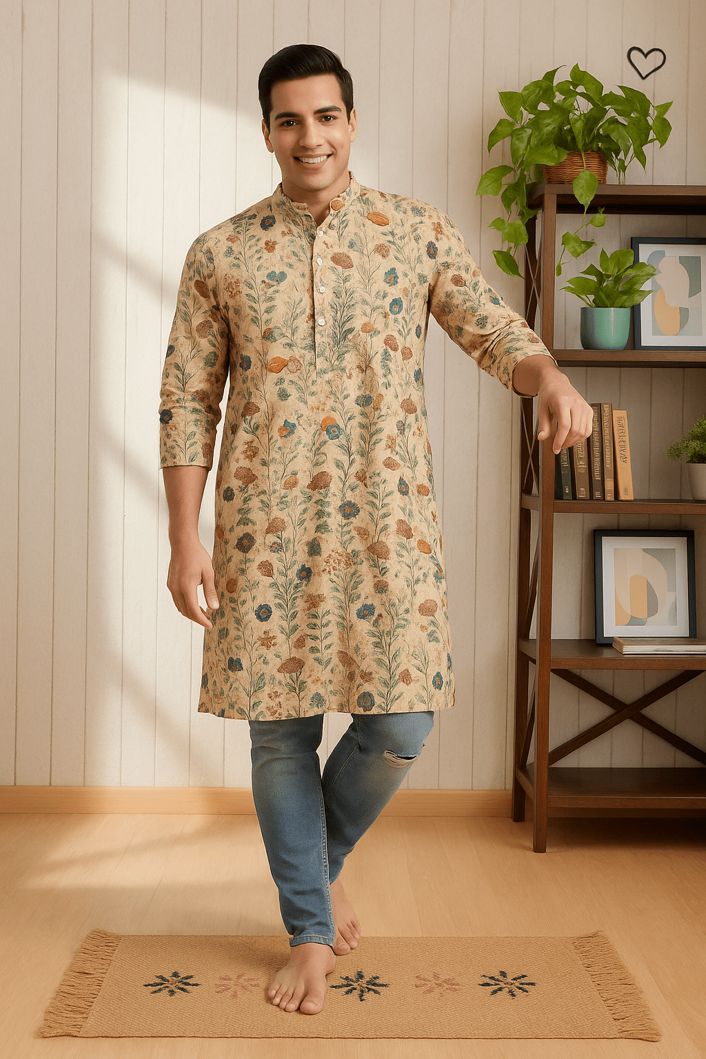 Floral Digital Print Silk Blend Kurta with Sequins Work – Elegant Festive Wear for Men - Vedkart