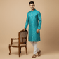 Men's Jacquard Silk Kurta with Zari Embroidery, luppi Work - Blue, Sky Blue - Vedkart