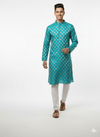 Men's Jacquard Silk Kurta with Zari Embroidery, luppi Work - Blue, Sky Blue - Vedkart