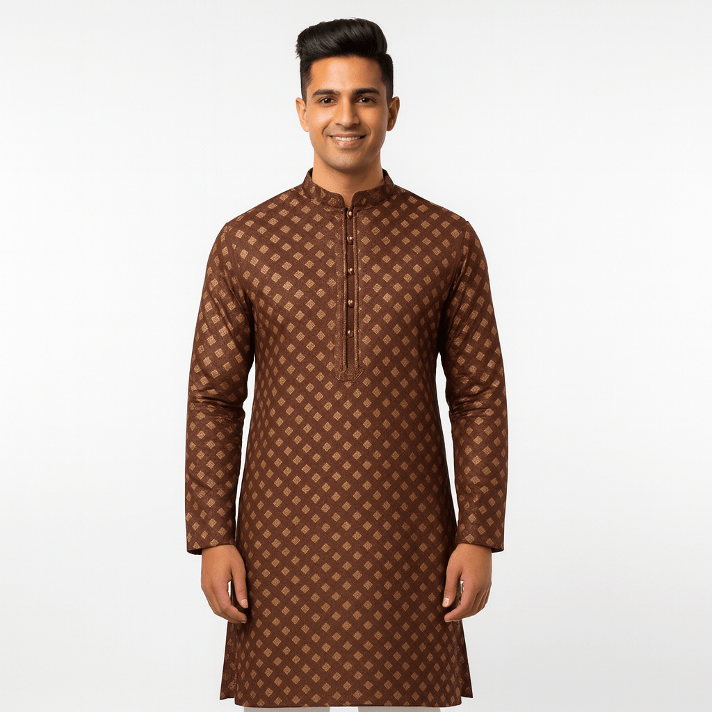 Men's Jacquard Silk Kurta with Zari Embroidery, luppi Work - Brown - Vedkart