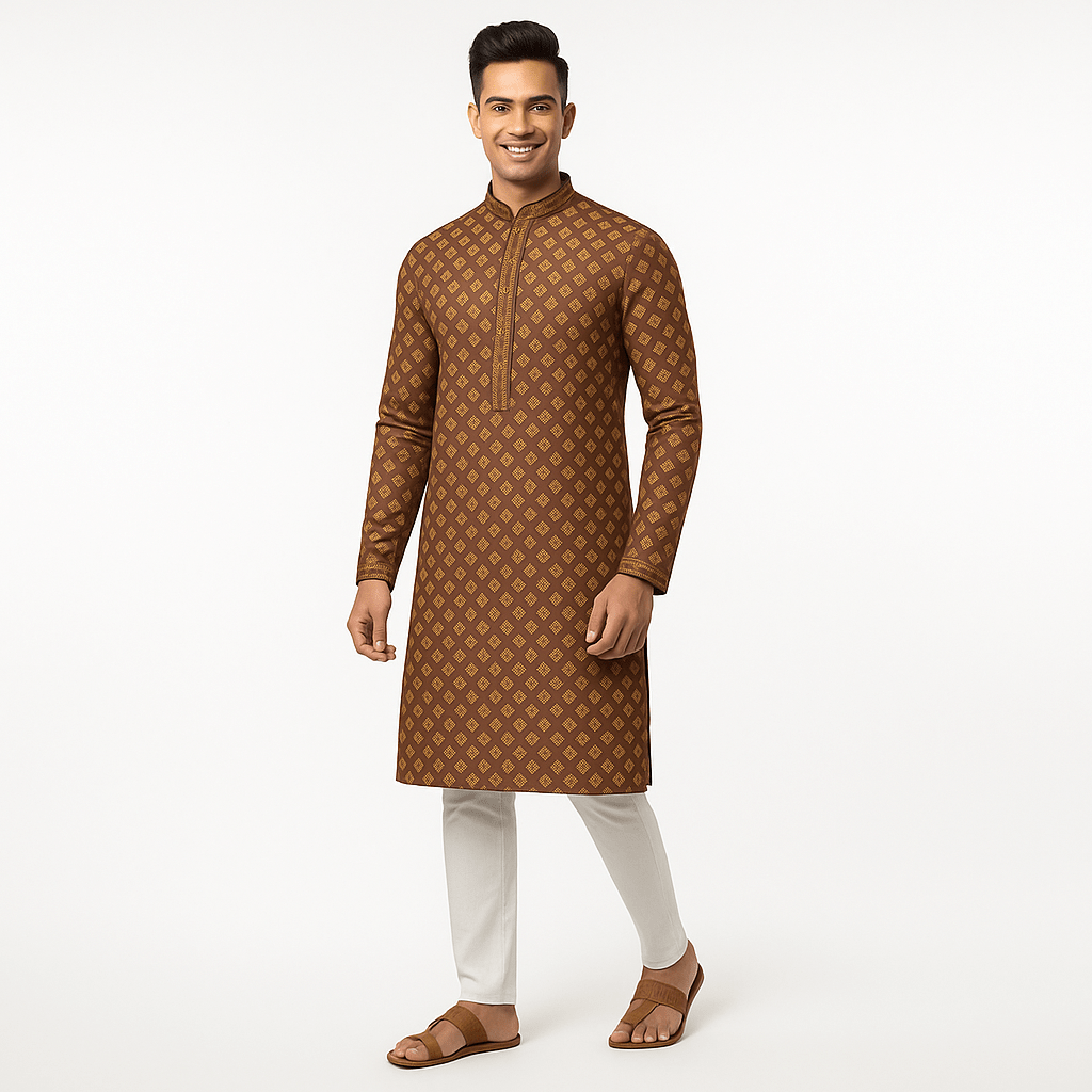Men's Jacquard Silk Kurta with Zari Embroidery, luppi Work - Brown - Vedkart