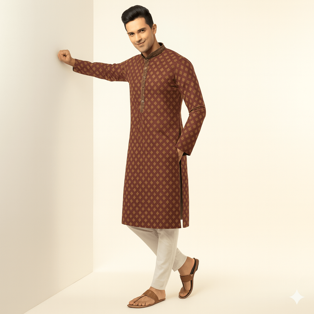 Men's Jacquard Silk Kurta with Zari Embroidery, luppi Work - Brown - Vedkart