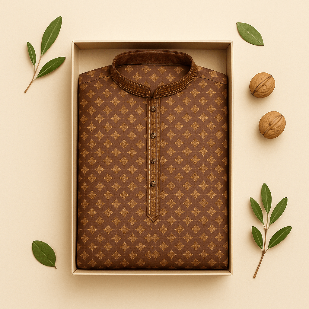 Men's Jacquard Silk Kurta with Zari Embroidery, luppi Work - Brown - Vedkart