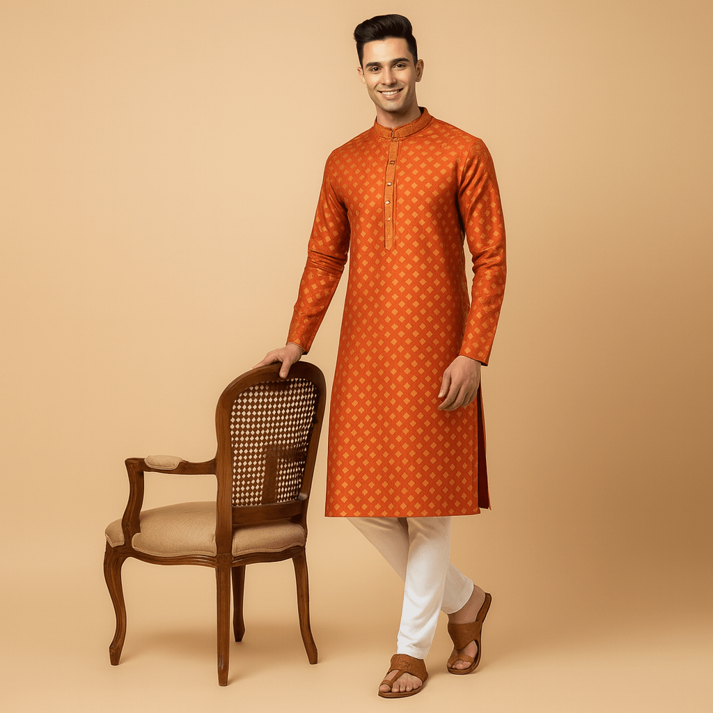 Men's Jacquard Silk Kurta with Zari Embroidery, luppi Work - Golden - Vedkart