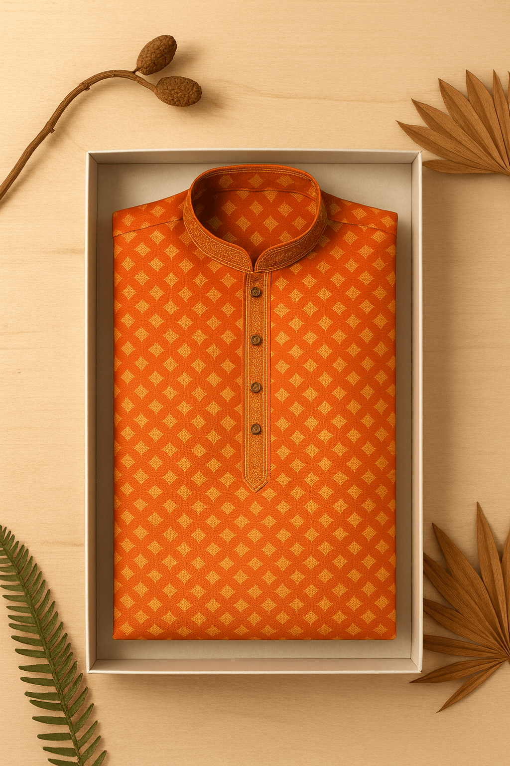 Men's Jacquard Silk Kurta with Zari Embroidery, luppi Work - Golden - Vedkart