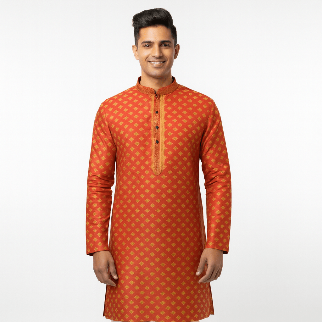 Men's Jacquard Silk Kurta with Zari Embroidery, luppi Work - Golden - Vedkart