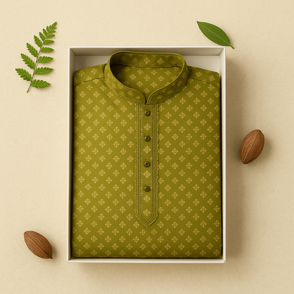 Men's Jacquard Silk Kurta with Zari Embroidery, luppi Work - Green - Vedkart