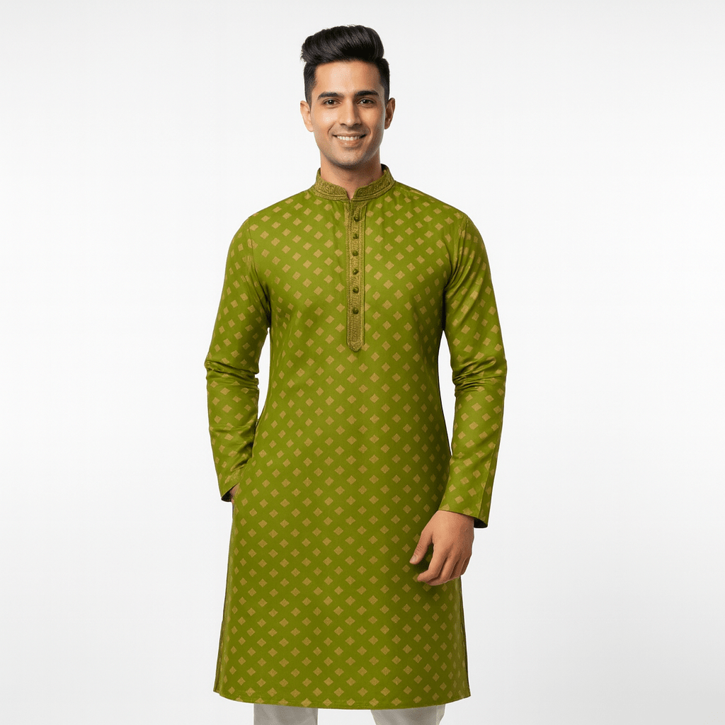 Men's Jacquard Silk Kurta with Zari Embroidery, luppi Work - Green - Vedkart