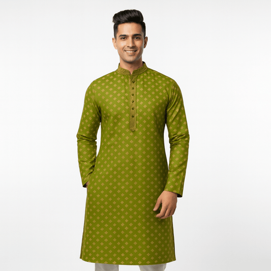Men's Jacquard Silk Kurta with Zari Embroidery, luppi Work - Green - Vedkart