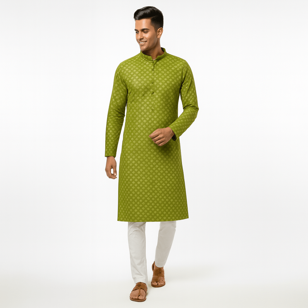Men's Jacquard Silk Kurta with Zari Embroidery, luppi Work - Green - Vedkart