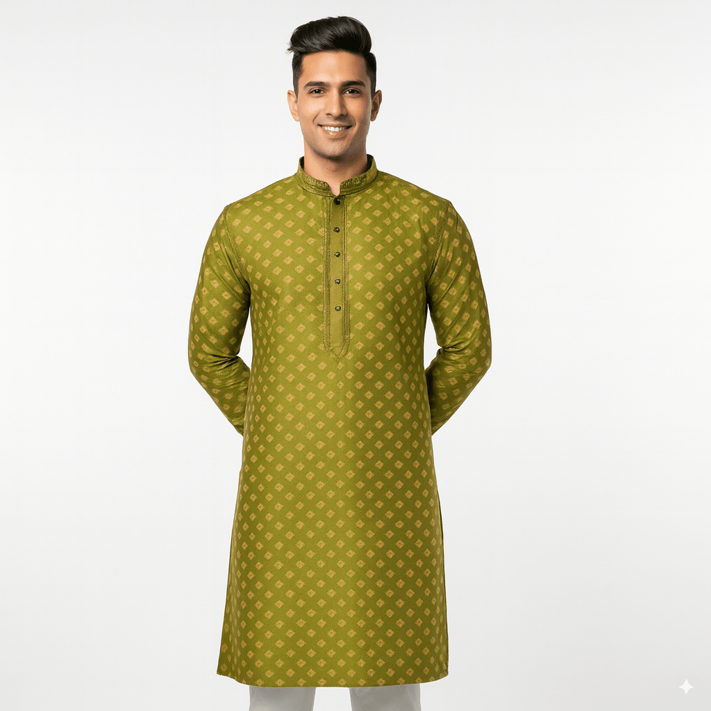Men's Jacquard Silk Kurta with Zari Embroidery, luppi Work - Green - Vedkart