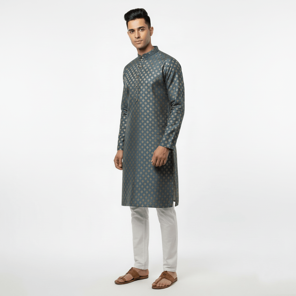 Men's Jacquard Silk Kurta with Zari Embroidery, luppi Work - Grey - Vedkart