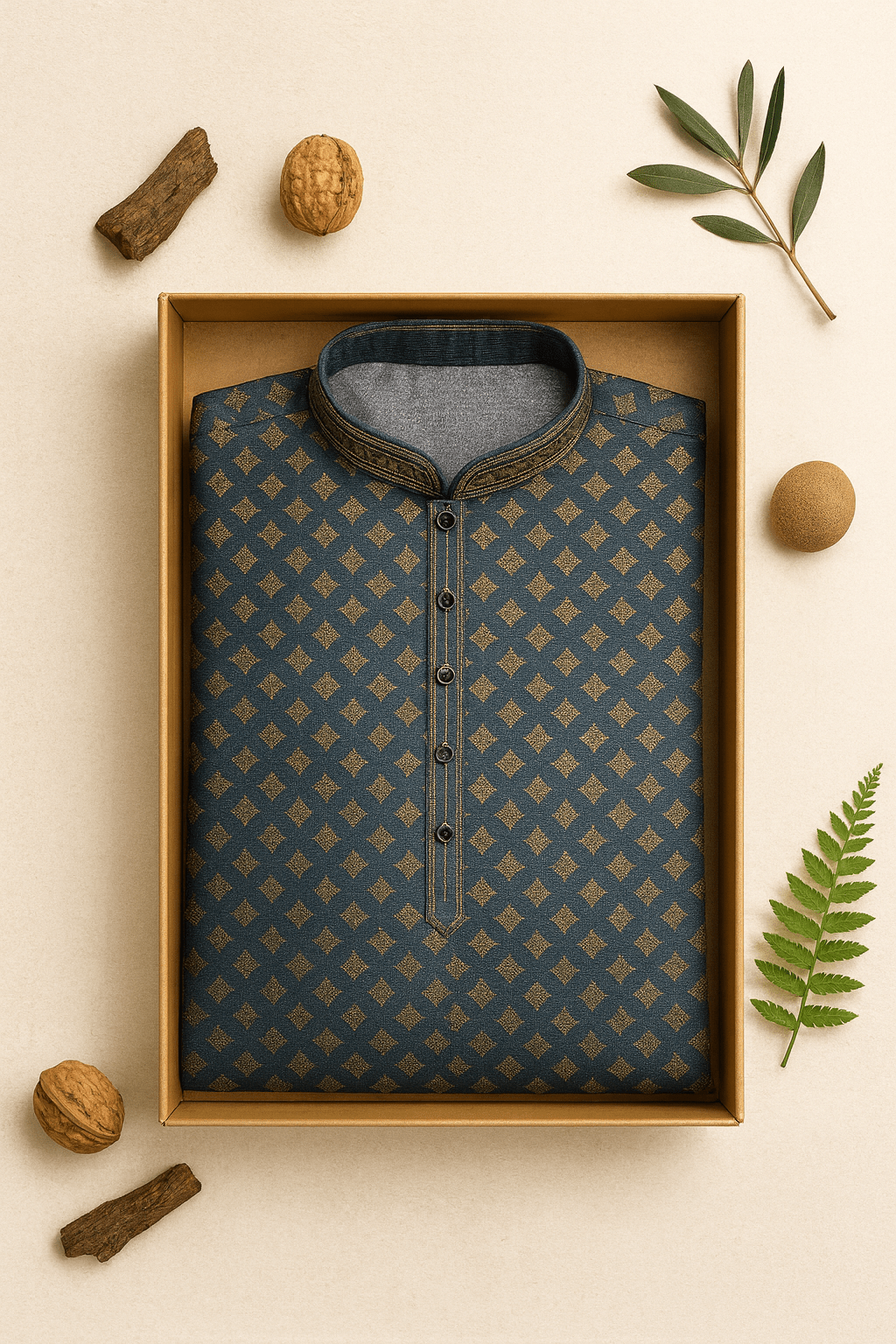 Men's Jacquard Silk Kurta with Zari Embroidery, luppi Work - Grey - Vedkart