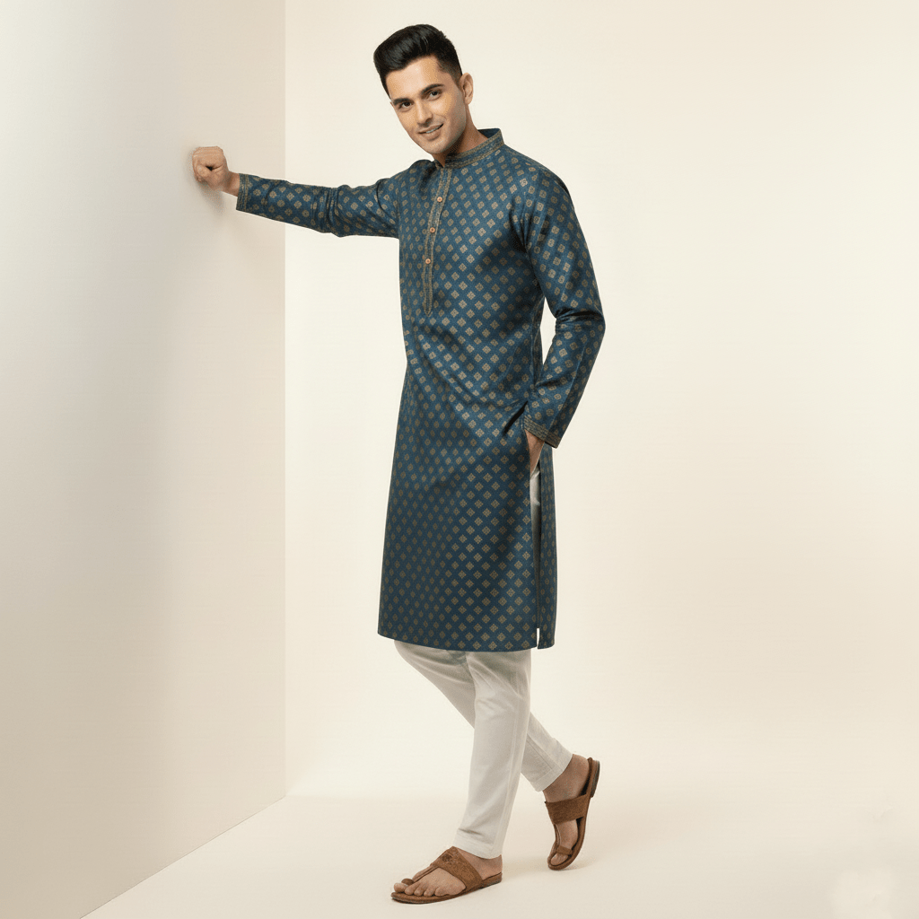 Men's Jacquard Silk Kurta with Zari Embroidery, luppi Work - Grey - Vedkart