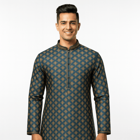 Men's Jacquard Silk Kurta with Zari Embroidery, luppi Work - Grey - Vedkart