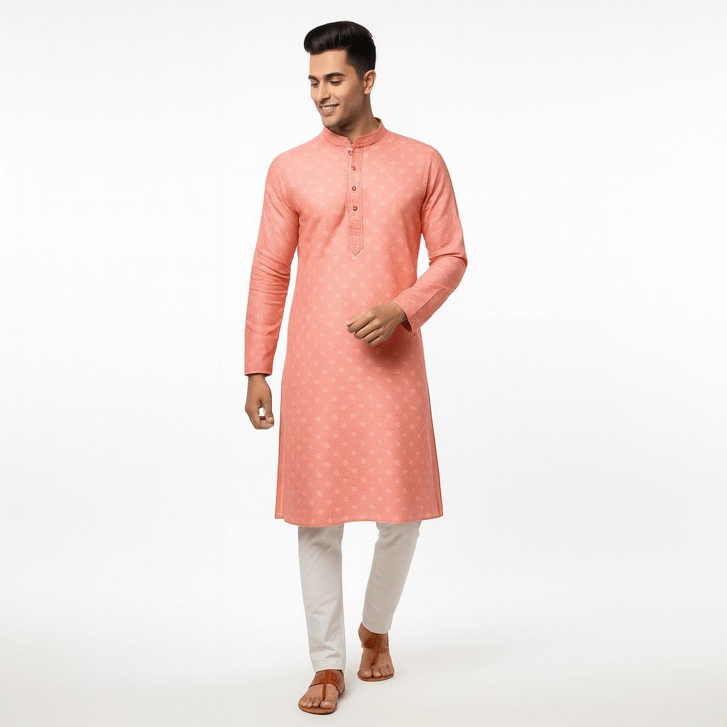 Men's Jacquard Silk Kurta with Zari Embroidery, luppi Work - Orange - Vedkart
