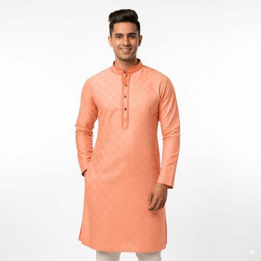 Men's Jacquard Silk Kurta with Zari Embroidery, luppi Work - Orange - Vedkart