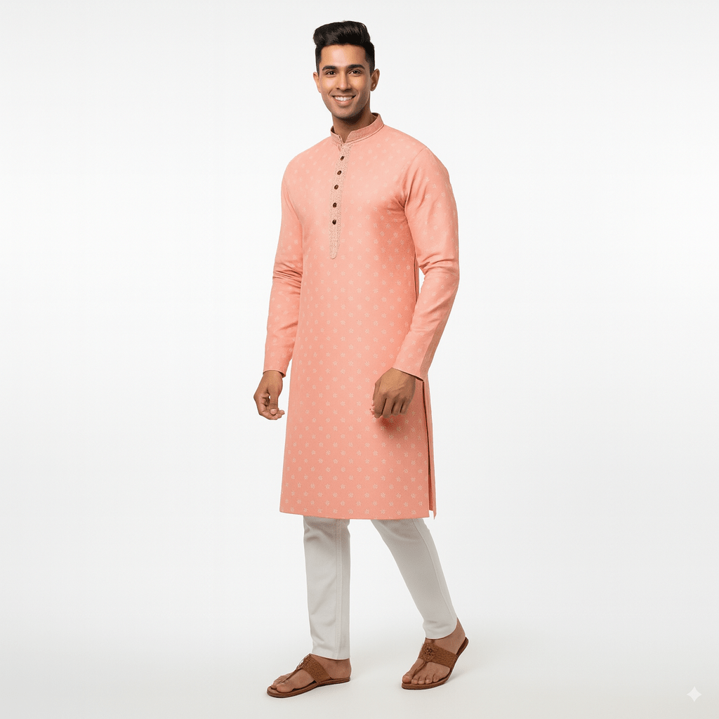 Men's Jacquard Silk Kurta with Zari Embroidery, luppi Work - Orange - Vedkart
