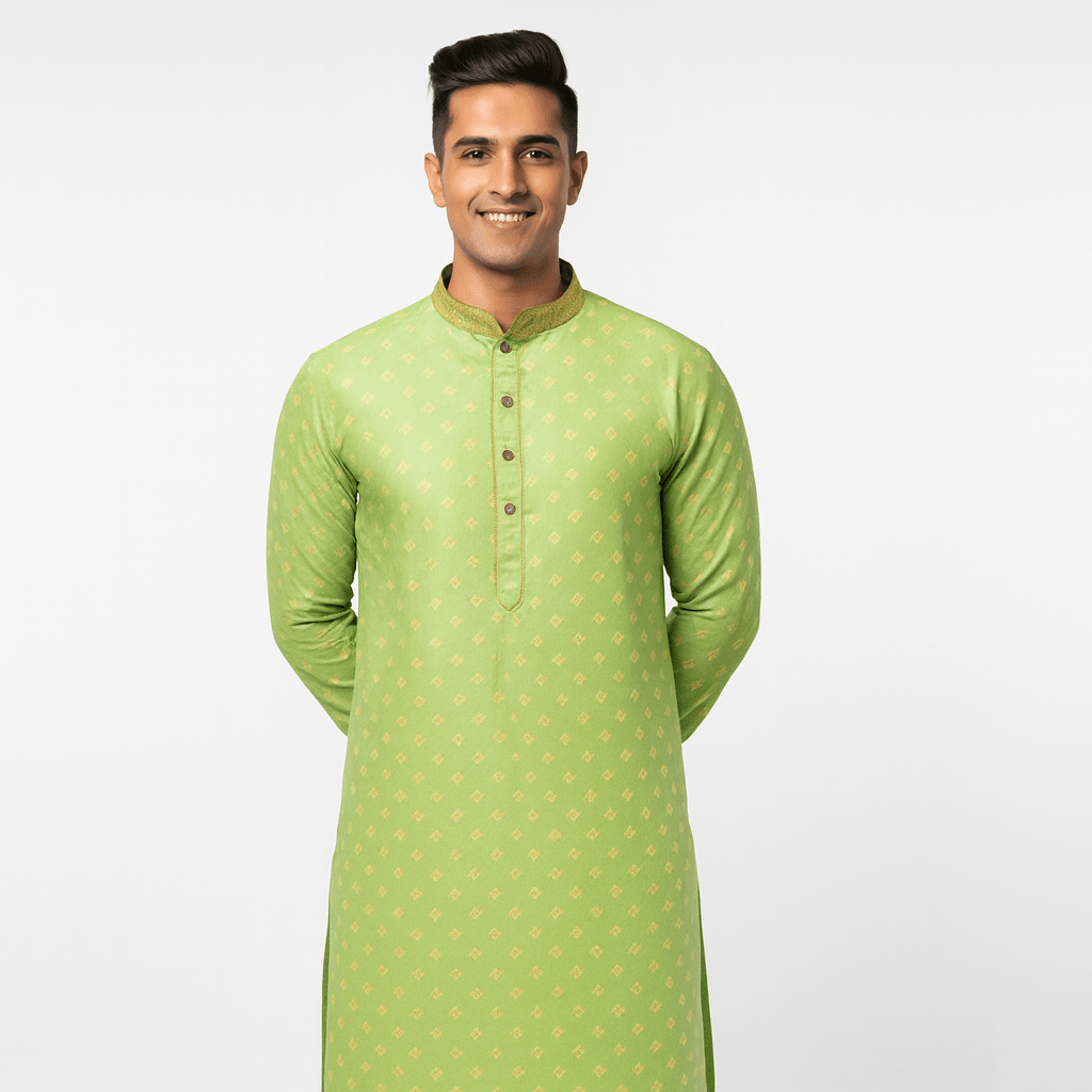 Men's Jacquard Silk Kurta with Zari Embroidery, luppi Work - Parrot - Vedkart