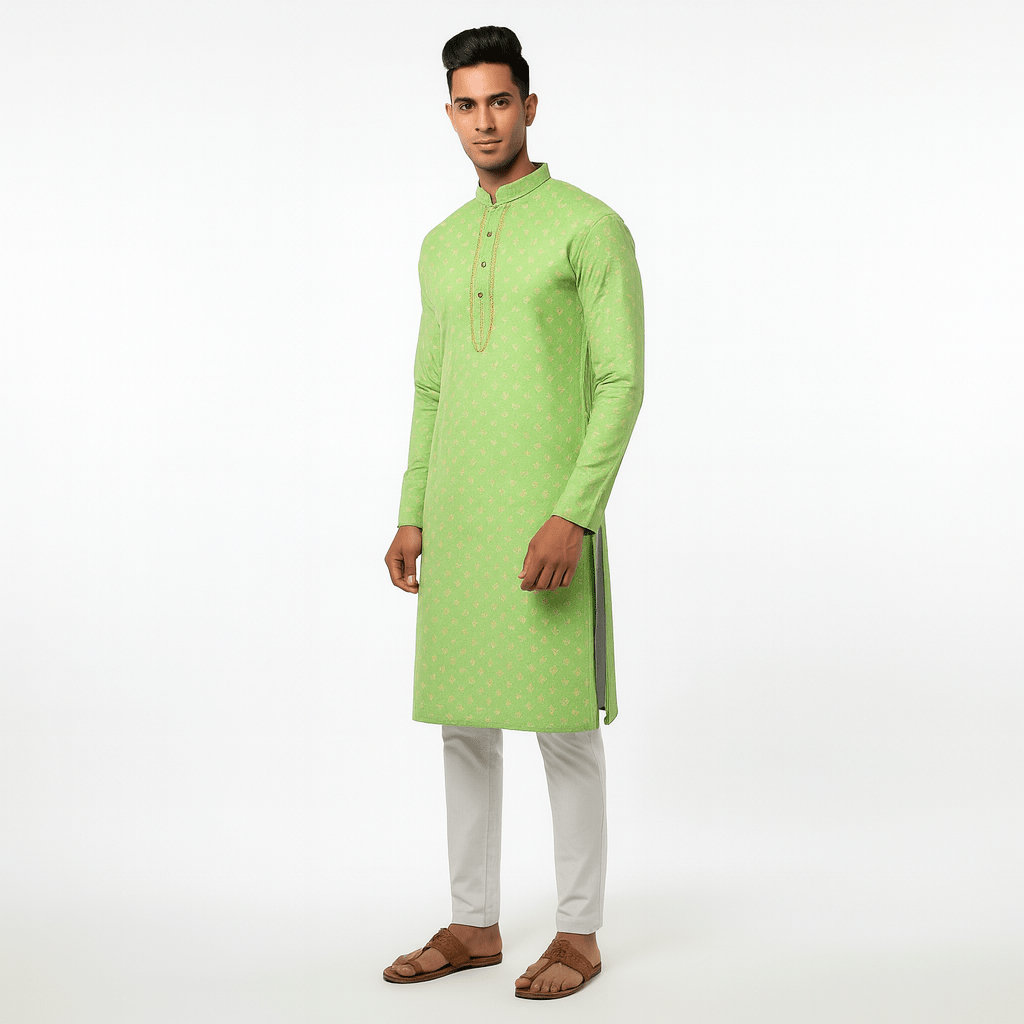 Men's Jacquard Silk Kurta with Zari Embroidery, luppi Work - Parrot - Vedkart