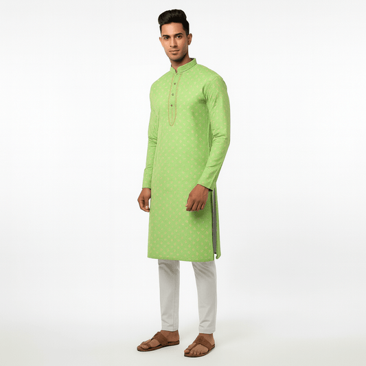 Men's Jacquard Silk Kurta with Zari Embroidery, luppi Work - Parrot - Vedkart