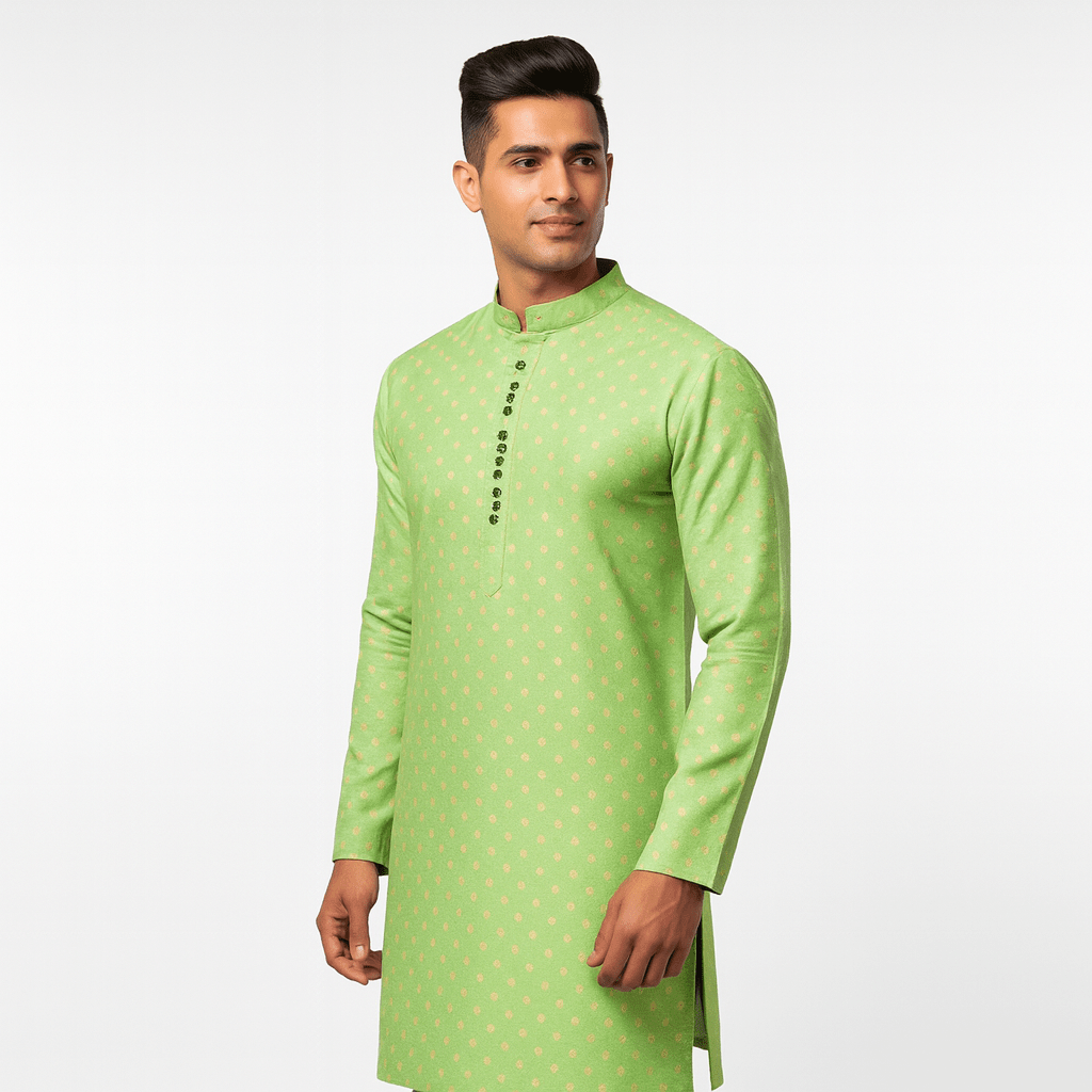 Men's Jacquard Silk Kurta with Zari Embroidery, luppi Work - Parrot - Vedkart