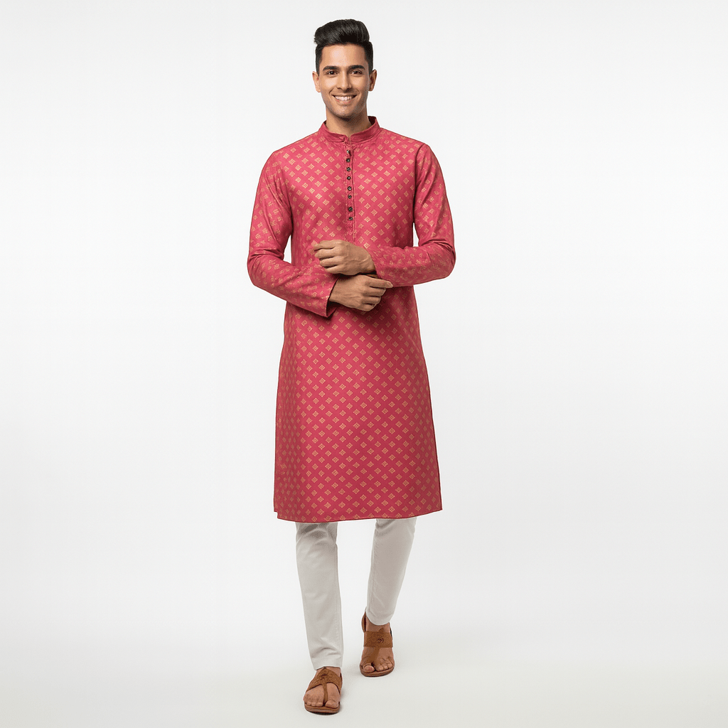 Men's Jacquard Silk Kurta with Zari Embroidery, luppi Work - Pink - Vedkart