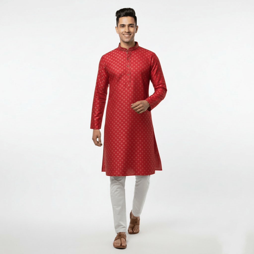 Men's Jacquard Silk Kurta with Zari Embroidery, luppi Work - Pink - Vedkart