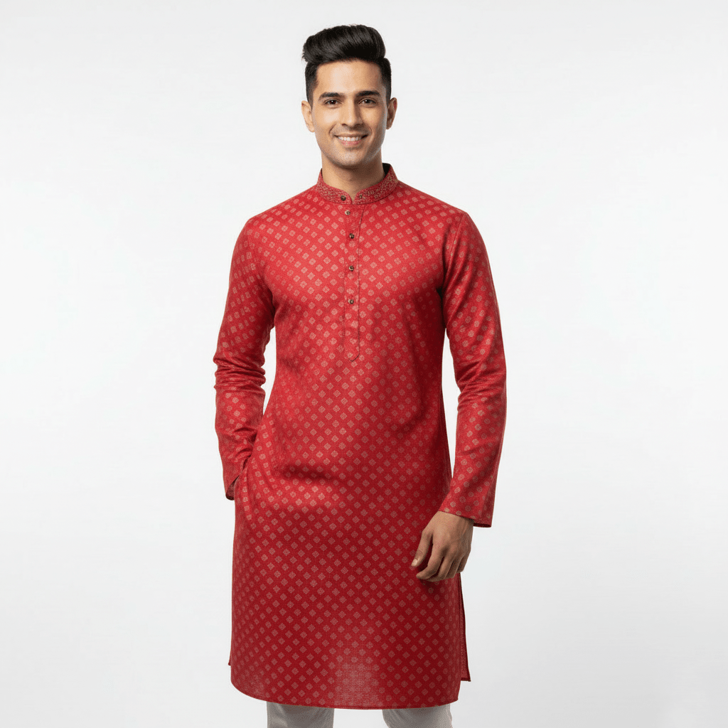 Men's Jacquard Silk Kurta with Zari Embroidery, luppi Work - Pink - Vedkart