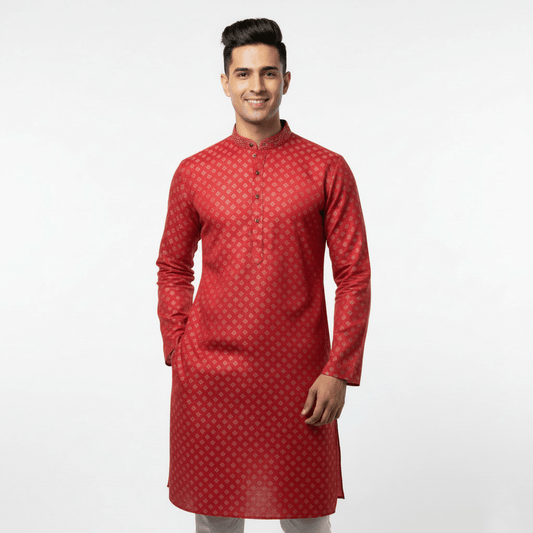 Men's Jacquard Silk Kurta with Zari Embroidery, luppi Work - Pink - Vedkart